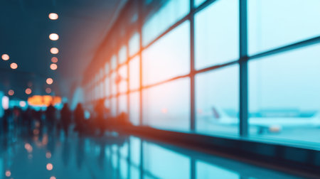 A blurred image of an airport terminal showcases the modern architecture with passengers moving through the space. Natural light streams in through large windows, adding to the lively travel atmosphere.の素材