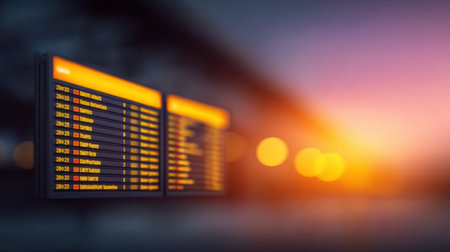 A captivating image of a train station information board displaying departure and arrival times, illuminated by glowing lights at sunset, creating a vibrant atmosphere.の素材
