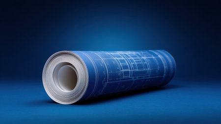 A rolled blueprint on a solid blue background showcases intricate architectural and engineering details, perfect for design presentations and creative projects.の素材