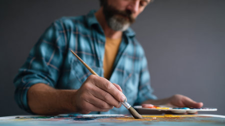 A focused artist demonstrates skillful brushwork while painting on canvas in a well-lit studio. The vibrant colors reflect personal expression and creativity.の素材