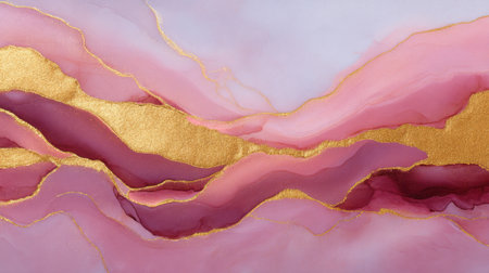 Stunning abstract artwork featuring fluid pink and gold waves, creating an elegant composition. Perfect for contemporary decor, art displays, or creative projects.の素材