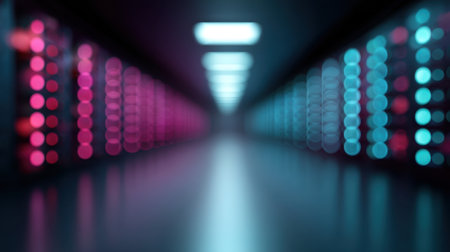 A captivating abstract view of a data center corridor illuminated with vibrant blue and pink lights, showcasing technology and digital connectivity in a modern space.の素材