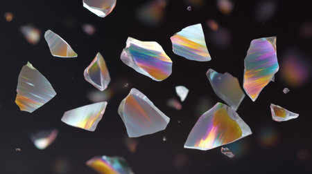 A captivating display of colorful crystal shards floating against a black background, reflecting light in an iridescent way, perfect for artistic and design projects.の素材