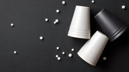 This image features three stylish cups in black and white arranged artistically on a dark surface amidst small decorative white beads, perfect for modern design themes.の素材