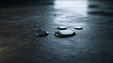 A captivating close-up of water droplets resting on a dark textured surface, creating a serene and elegant atmosphere suitable for artistic and creative projects.の素材