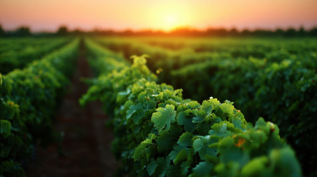 A picturesque view of a lush vineyard at sunset, showcasing vibrant green leaves under warm golden light. A serene landscape perfect for nature lovers or travel enthusiasts.の素材