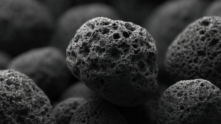 This close-up image captures the intricate textures of volcanic rocks in shades of black and gray, showcasing unique patterns and details against a soft-focused background.の素材