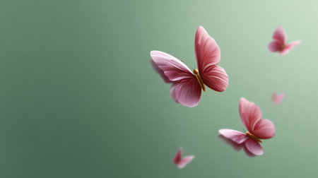 A captivating macro photograph showcases delicate pink butterflies in flight against a soft green background, embodying beauty and tranquility in nature's artistry.の素材