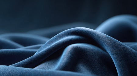A stunning close-up of luxurious deep blue satin fabric showcases its smooth texture, elegant drapes, and subtle highlights, creating a visually rich experience.の素材