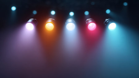 Vibrant stage lights cast colorful beams across a dark background, enhancing the atmosphere for performances and events, evoking a sense of drama and excitement.の素材