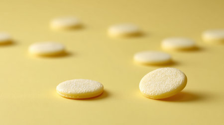 A collection of yellow round tablets arranged on a soft yellow background, creating a vibrant and minimalist look ideal for health and wellness themes.の素材
