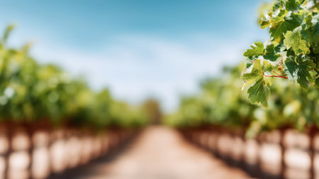 A serene view of a lush vineyard with rows of vibrant green grape leaves under a bright blue sky, creating a tranquil, inviting scene for agricultural or travel themes.の素材
