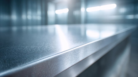 This close-up of a stainless steel surface highlights its smooth texture and soft reflections in a modern industrial setting, perfect for various applications.の素材