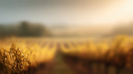 A serene vineyard scene captures the beauty of autumn with soft golden hues and a dreamy horizon, perfect for conveying tranquility in nature and agriculture themes.の素材