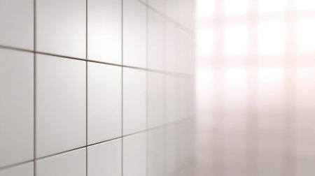 A serene view of white ceramic wall tiles in a modern bathroom, enhanced by soft natural lighting. The minimalist aesthetic creates a tranquil and inviting ambiance.の素材