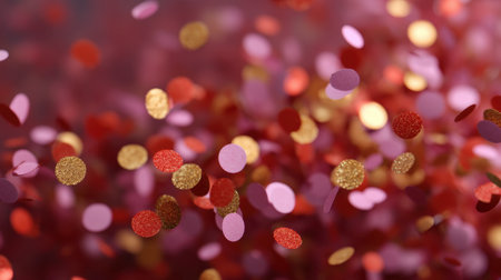 A dynamic close-up image of colorful confetti in shades of red, pink, and gold, creating a vibrant atmosphere ideal for celebration and festivity.の素材