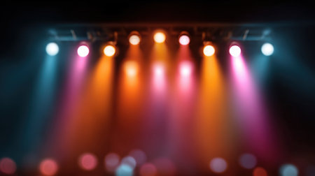 Colorful stage lighting creates a dynamic atmosphere, perfect for live performances and events. The blurred effect adds a sense of depth and vibrancy to the scene.の素材