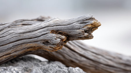 This close-up image captures a piece of textured driftwood, showcasing its unique shapes and weathered appearance against a soft focus background, perfect for nature-inspired themes.の素材