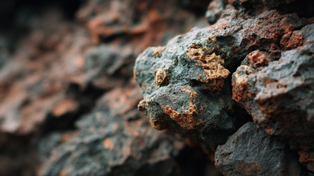 This detailed close-up image showcases a textured rock surface with captivating color variations and mineral patterns, perfect for nature and geology themes.の素材
