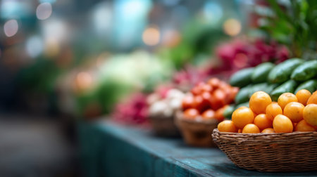 A vibrant scene capturing a local market filled with fresh oranges, colorful vegetables, and a calming blurred background, showcasing the beauty of healthy eating.の素材