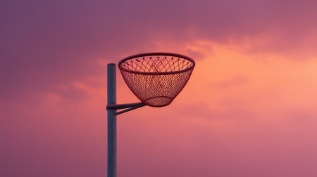 A striking photograph featuring a basketball hoop silhouetted against a colorful sunset sky, evoking feelings of peace and outdoor play during warm evenings.の素材