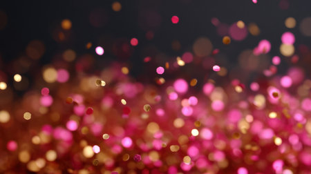This vibrant glitter background features a stunning bokeh effect in pink and gold hues, perfect for festive projects, party themes, and creative designs.の素材
