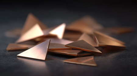 This image features an artistic arrangement of polished copper triangles on a dark surface, showcasing unique textures and light reflections, perfect for modern design projects.の素材