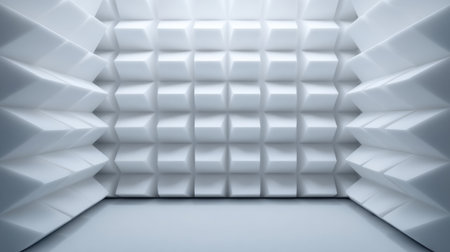 This image features a clean, modern acoustically treated room ideal for sound recording or audio production. The geometric soundproofing panels create a unique visual appeal.の素材
