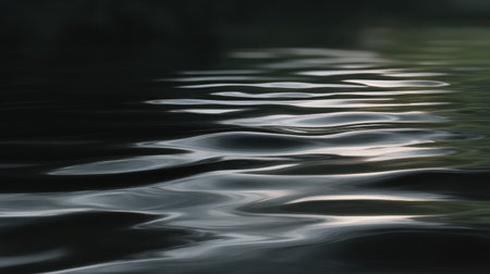 A close-up view of smooth water ripples reflecting soft light, creating a serene atmosphere with subtle depth and gentle dark tones, ideal for calming imagery.の素材