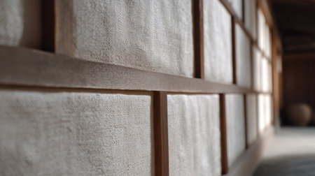 A serene view of a traditional Japanese room highlighting the Shoji screens, with natural light filtering through, creating a tranquil atmosphere perfect for relaxation.の素材