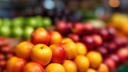 A beautiful arrangement of fresh apples and citrus fruits in a market with a soft-focus background creates an inviting atmosphere perfect for food enthusiasts.の素材