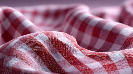 Close-up view of soft red and white gingham fabric arranged in gentle folds, showcasing the texture and interplay of light and shadow, perfect for textile design.の素材