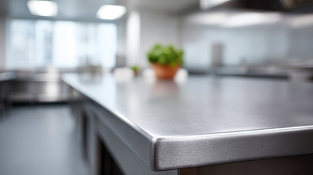 Spacious and bright commercial kitchen showcasing a stainless steel countertop, ideal for culinary preparations and hospitality projects, featuring a modern design.の素材
