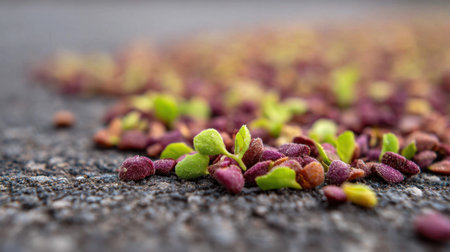 Discover a vibrant variety of seeds scattered on a textured surface, featuring hues of purple, green, and brown, suggesting growth and the wonders of nature.の素材