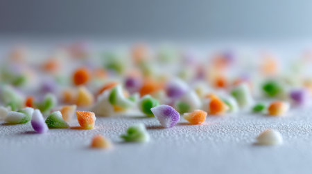 Colorful tiny pieces of sugar decoration scattered on a light surface create a vibrant and cheerful atmosphere, perfect for inspiring bakers and dessert enthusiasts.の素材