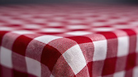 This red and white checkerboard tablecloth features a soft focus, adding warmth and charm to any dining experience, perfect for casual meals and gatherings.の素材