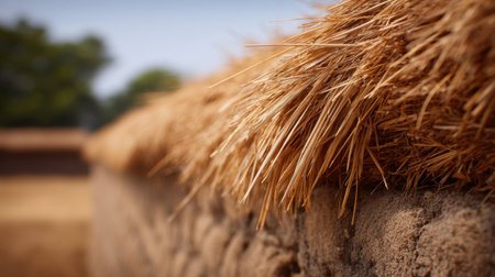 This image captures a close-up view of a natural straw roof extending over a rustic earthen wall, bathed in warm sunlight, set against a softly blurred rural landscape.の素材