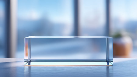 A sleek transparent glass block rests elegantly on a minimalist table. Its simple design enhances the modern interior, harmonizing with the soft light and inviting ambiance.の素材