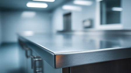 A sleek, stainless steel countertop in a well-lit commercial kitchen, perfect for chefs and culinary enthusiasts seeking an efficient and hygienic food preparation area.の素材