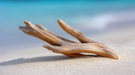 A stunning piece of driftwood rests on soft sand, framed by serene turquoise waters. This tranquil beach scene captures the essence of nature and relaxation.の素材