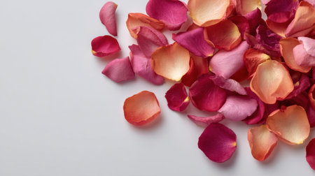 Collection of vibrant floral petals showcasing various shades of pink, red, and peach. Ideal for decoration, design projects, or romantic themes.の素材