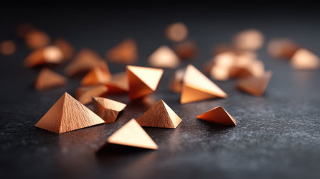 A collection of copper geometric shapes, including pyramids and triangles, scattered across a dark surface, highlighting reflections and texture, perfect for design projects.の素材