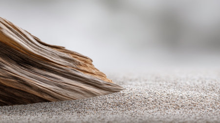 A striking close-up of a weathered wood piece against a soft sandy background, evoking tranquility and natural beauty in a coastal setting.の素材