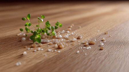 An appealing arrangement of fresh green herb sprigs and coarse sea salt placed on a rustic wooden surface, enhancing the culinary atmosphere of any kitchen.の素材