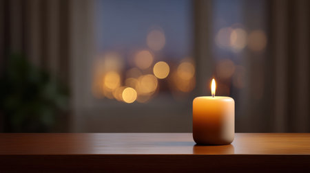A serene scene featuring a glowing candle on a wooden table. The soft bokeh lights in the background enhance the calming atmosphere, perfect for relaxation.の素材