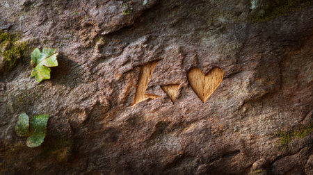 Close-up view of a rustic tree bark displaying a heart symbol and initials carved into the wood, accented by vibrant green ivy leaves, creating a romantic atmosphere.の素材