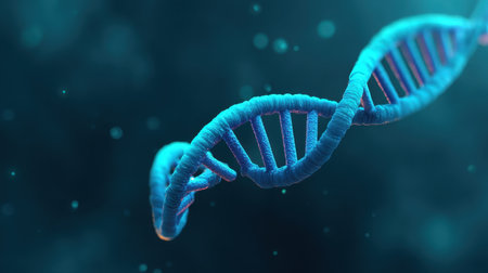 This captivating image features a glowing DNA helix structure showcasing vibrant blue and purple colors, set against an abstract, softly blurred biological backdrop.の素材
