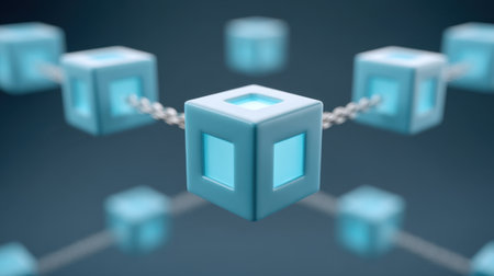 This abstract image showcases interconnected cubes to symbolize blockchain technology, highlighting themes of security, innovation, and digital transformation.の素材