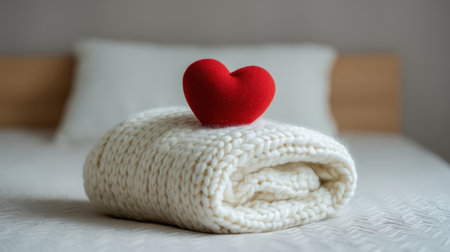 A cozy scene featuring a soft white knitted blanket with a vibrant red heart on top, perfect for adding a touch of warmth and affection to a stylish bedroom.の素材