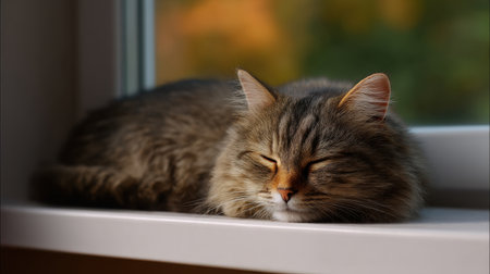 A serene tabby cat enjoys a peaceful nap by the window, basking in warm sunlight. This charming domestic pet radiates comfort and tranquility in a cozy environment.の素材